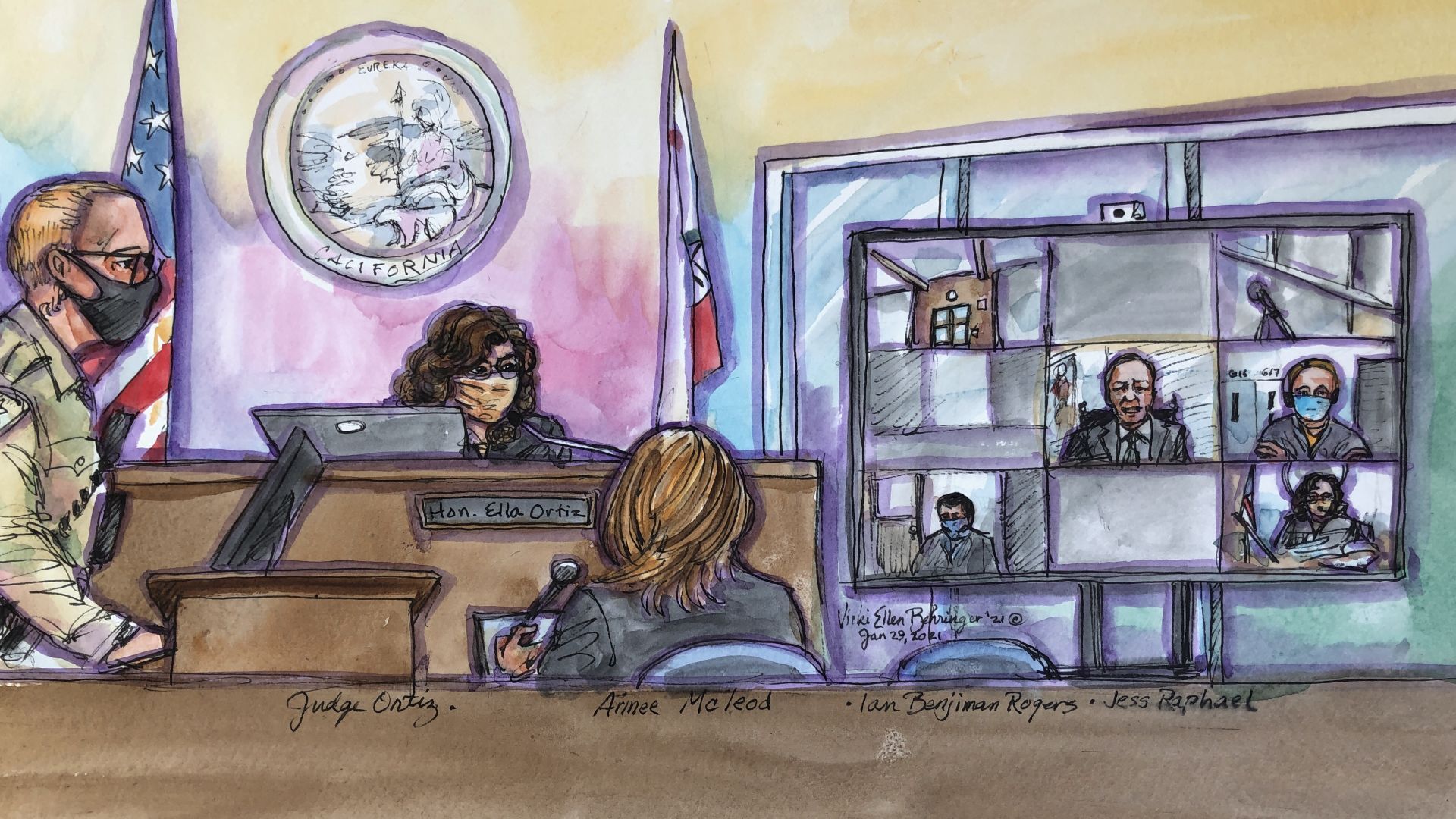 Napa courtroom, Ian Rogers arraignment, sketch